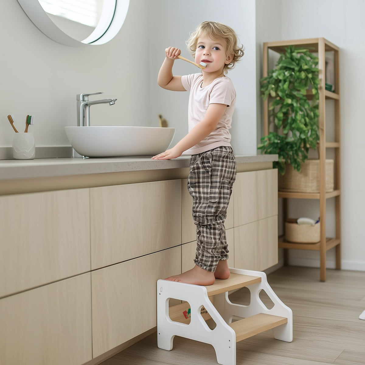 Child brushing their teeth while standing on a white and timber two-step stool in a bathroom