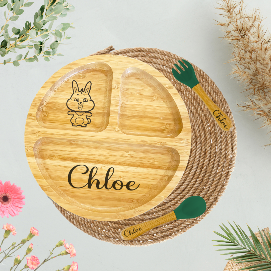 Personalised Bamboo Round Plate and Cutlery Kids Dinner Set - The Little Bunny Australia