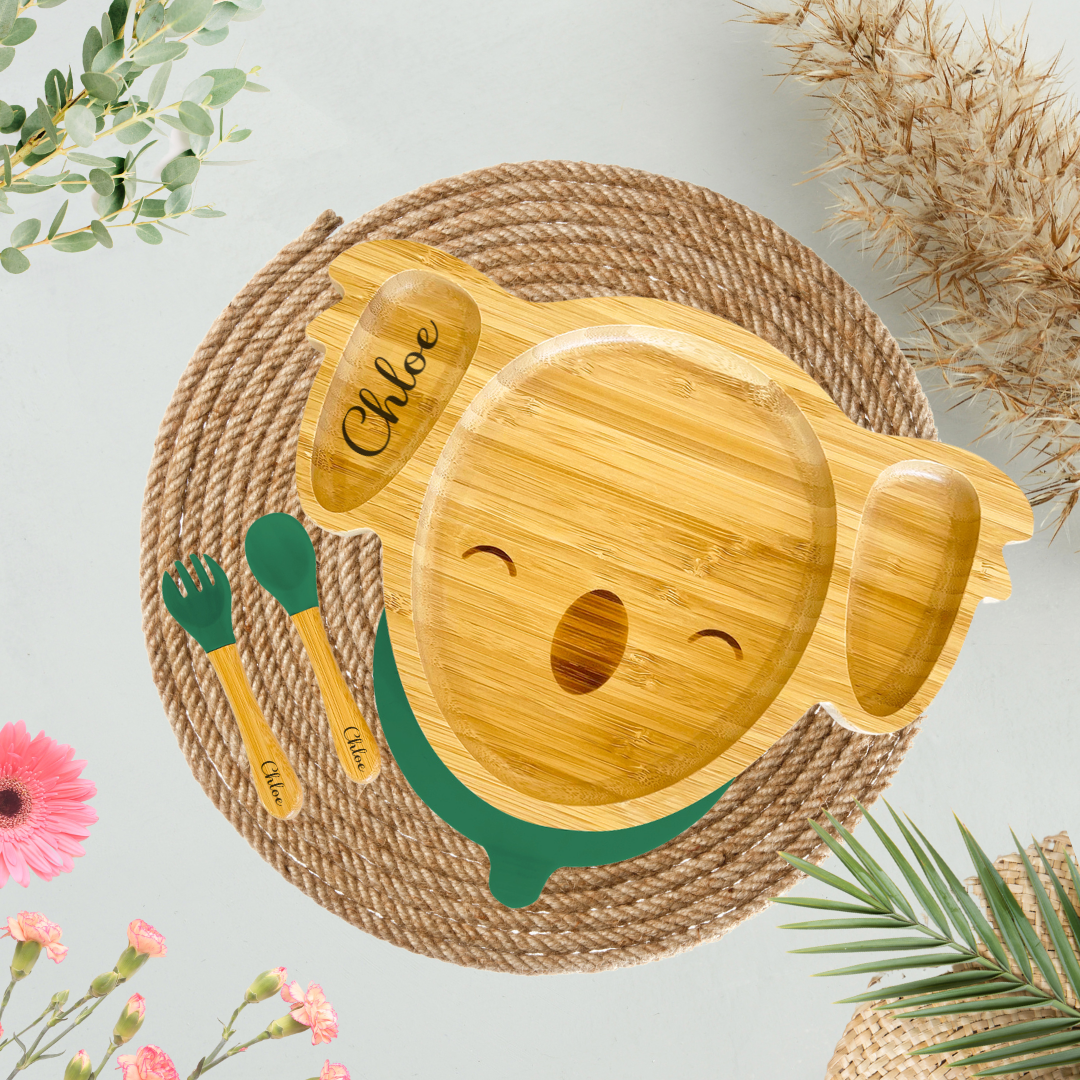 Personalised Bamboo Koala Plate and Cutlery For Baby Weaning Set - The Little Bunny Australia