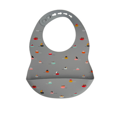 Grey silicone baby bib with a colourful boat print