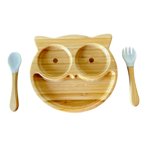 Bamboo Owl Plate and Cutlery Kids Dinner Set - The Little Bunny Australia