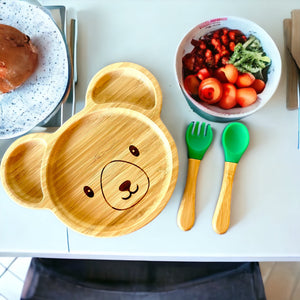 Bamboo Bear Plate and Cutlery Kids Dinner Set - The Little Bunny Australia
