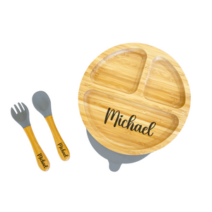 Personalised Bamboo Round Plate and Cutlery Kids Dinner Set - The Little Bunny Australia