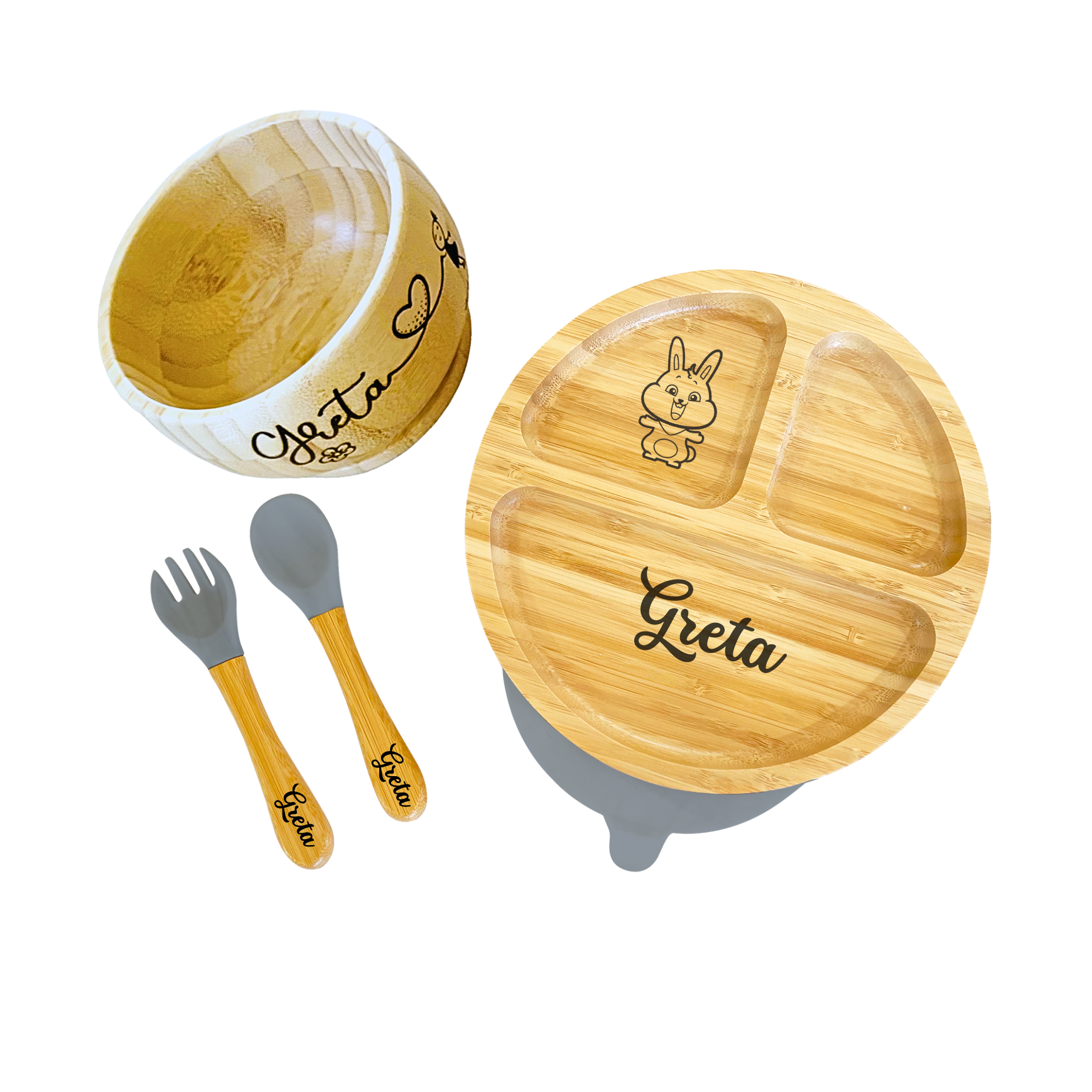 Personalised Bamboo Round Plate, Bowl and Cutlery Bundle Gift Set - The Little Bunny Australia