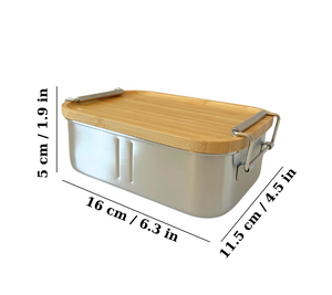 Personalised bamboo and stainless steel lunchbox with size dimensions: 16 cm x 11.5 cm x 5 cm. Compact, lightweight, ideal for school or kindy snacks