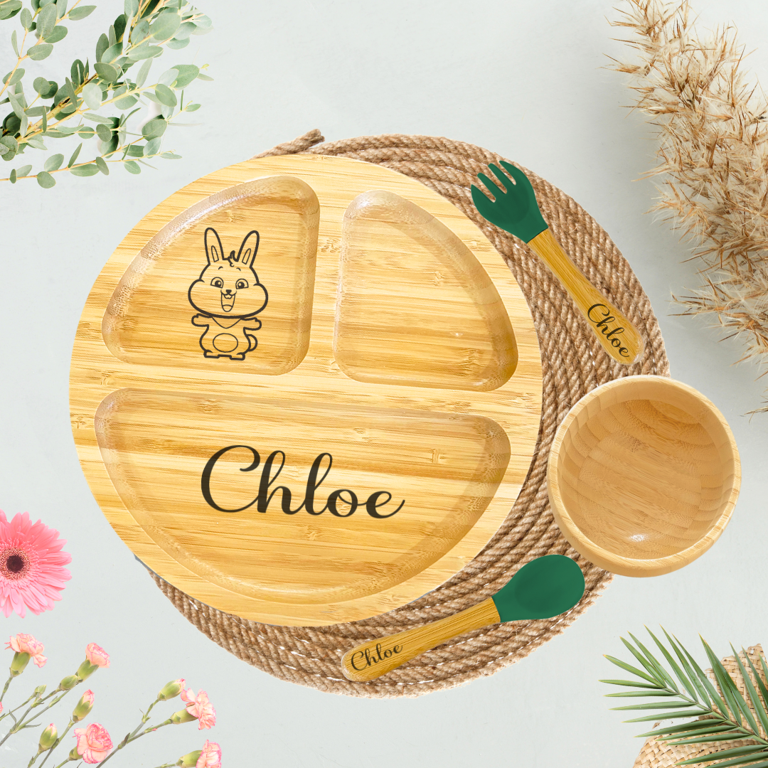 bamboo round plate for baby with personalised little bunny and baby's name Chloe. Bamboo plate comes with bamboo bowl and bamboo cutlery with personlised baby name