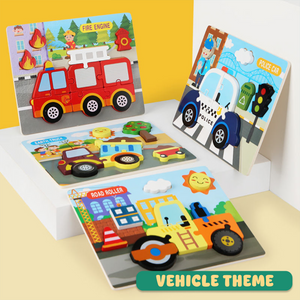 Wooden Montessori puzzles with vehicle theme β chunky pieces for little hands to explore transport while building problem-solving skills