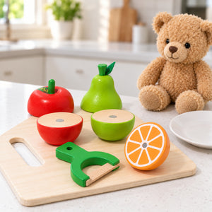 Wooden play food set out like a little café on a kitchen bench with a teddy bear