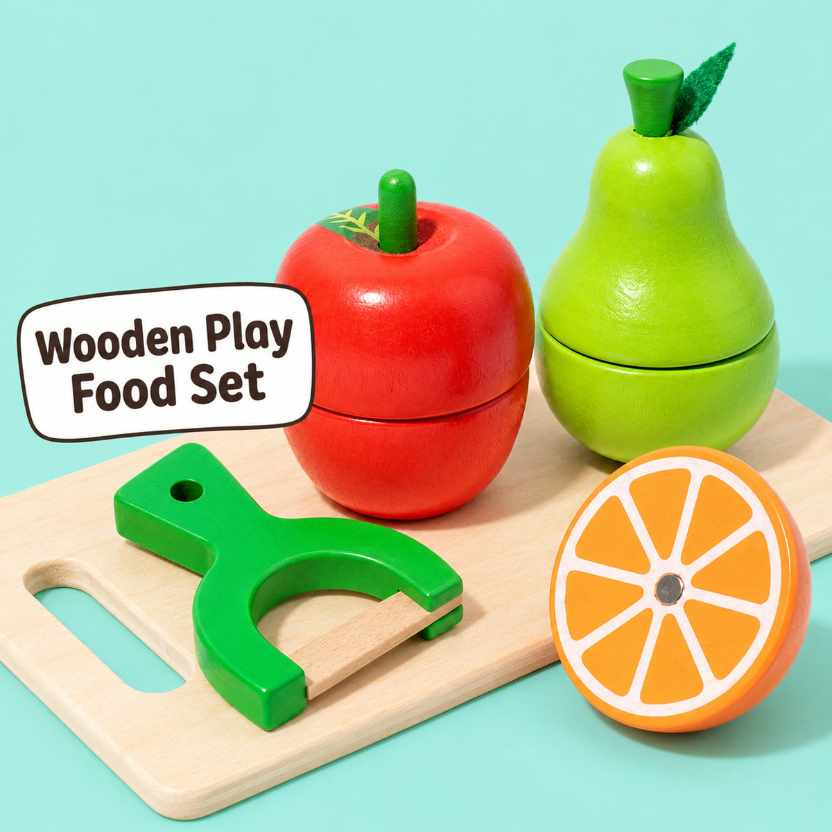 Wooden Play Food Set: chopping board with apple and pear halves, half orange and toy knife