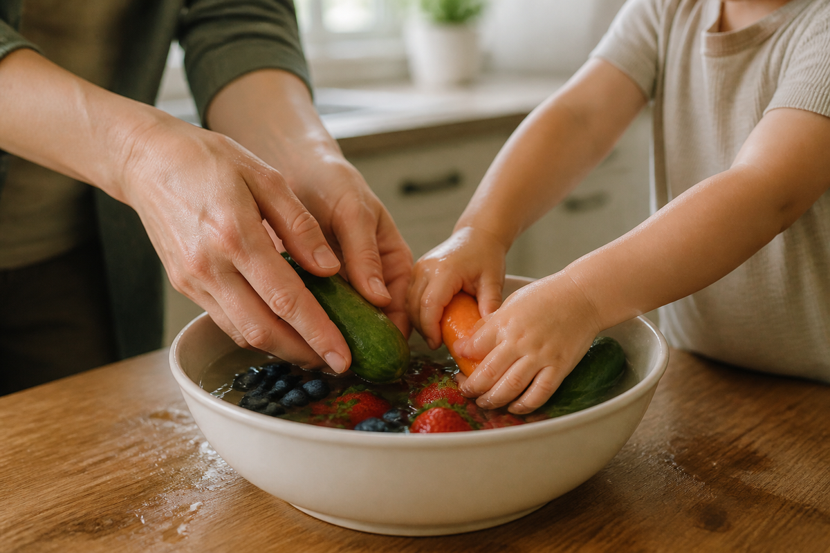 An adult and toddler washing fruit and vegetables together in a bowl.