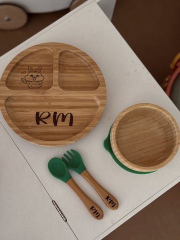 Personalised Bamboo Plate, Bowl and cutlery 