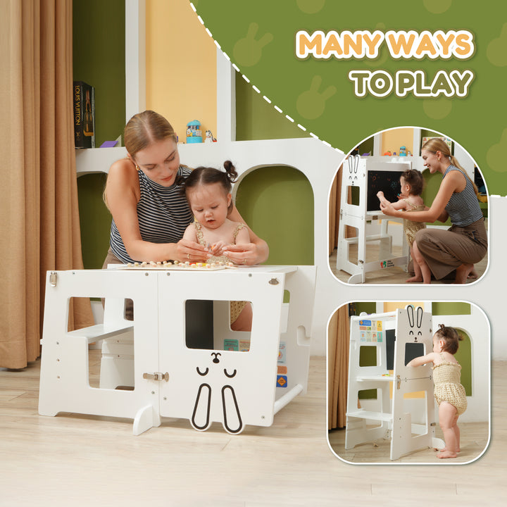 White bunny-themed convertible learning tower by The Little Bunny, shown in play desk, blackboard, and toddler tower modes with parent and child