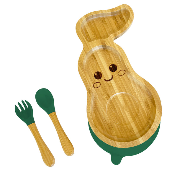 Bamboo Avocado Plate and Cutlery Set For Toddlers Weaning - The Little Bunny Australia