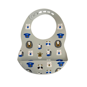 Silicone baby bib with a grey animal print and a food catching pocket