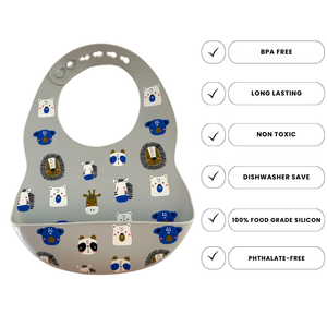Animal print silicone bib beside a list of its features