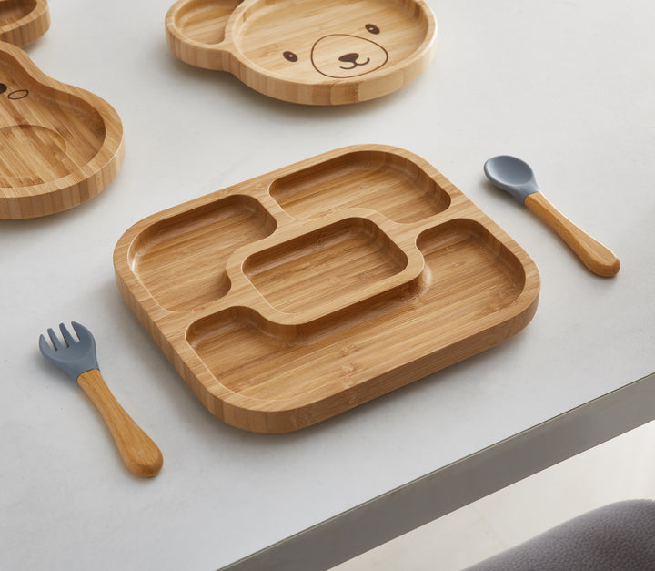 Bamboo divided baby plate with bamboo cutlery - The Little Bunny Australia