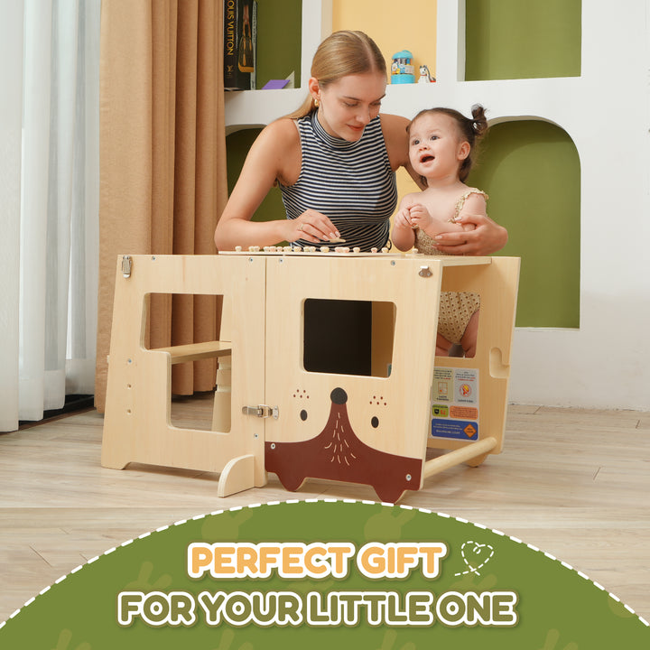 Toddler and parent playing together at The Little Bunny fox-themed convertible learning tower in desk mode, with message 'Perfect Gift for Your Little One