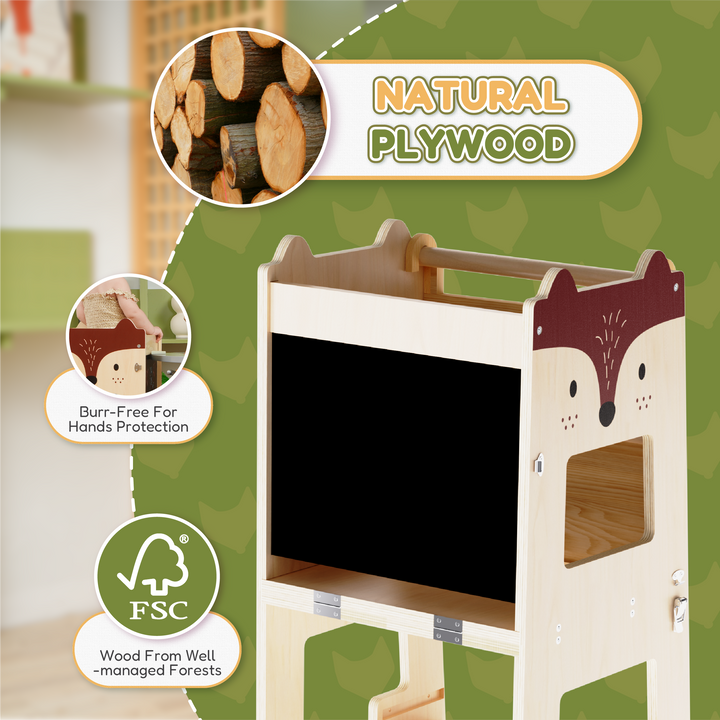 "Fox-themed toddler learning tower made from FSC-certified natural plywood, featuring burr-free edges for hand safety and sustainable wood sourcing.