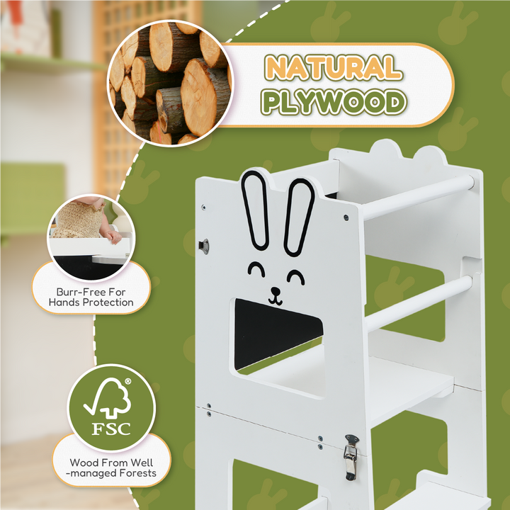 White toddler learning tower made from FSC-certified plywood with burr-free finish for hand safety – eco-conscious and safe for kids.