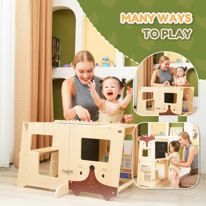 The Little Bunny fox-themed learning tower used in desk, play, and blackboard modes by toddler and parent in a cozy playroom.
