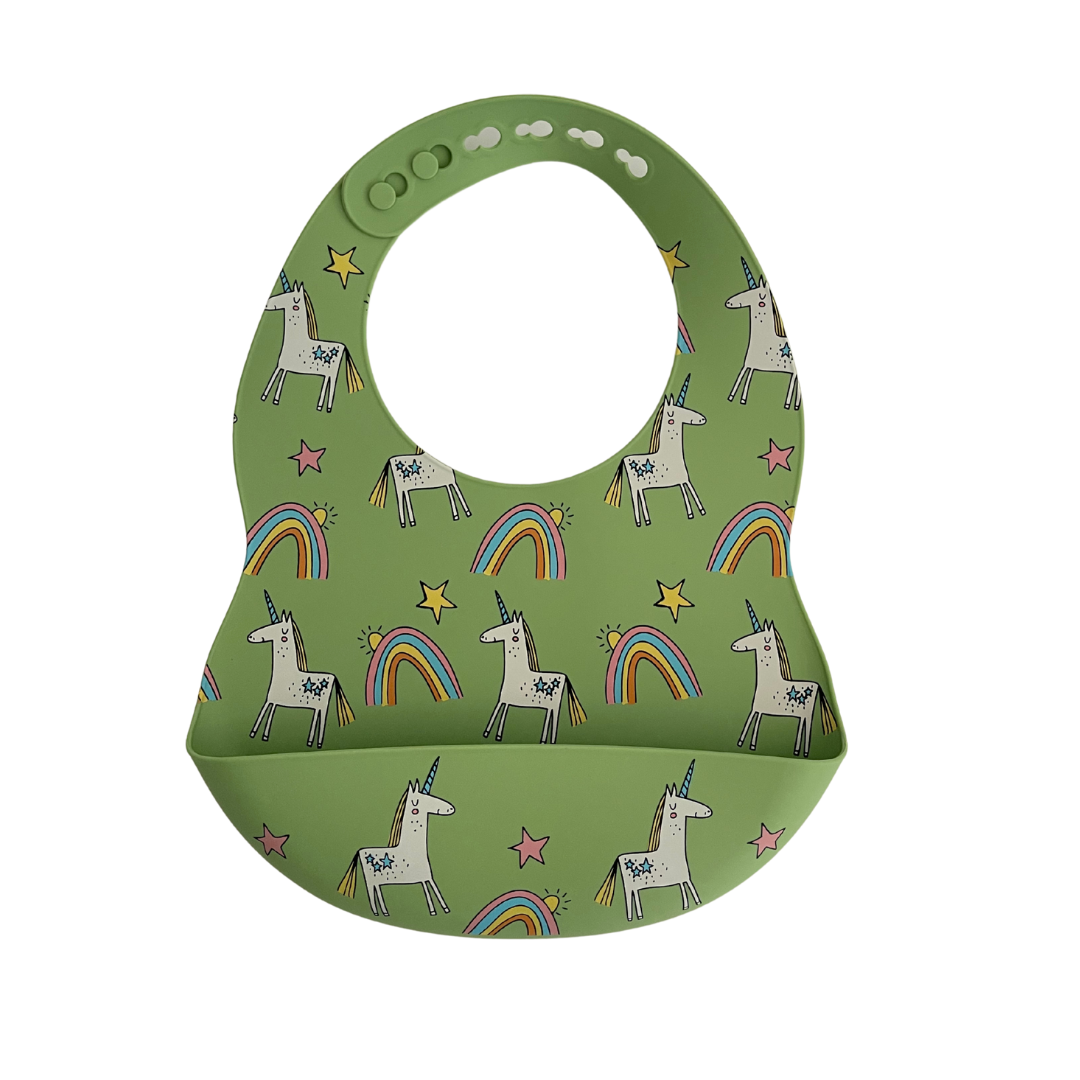 Green silicone baby bib with a unicorn and rainbow print