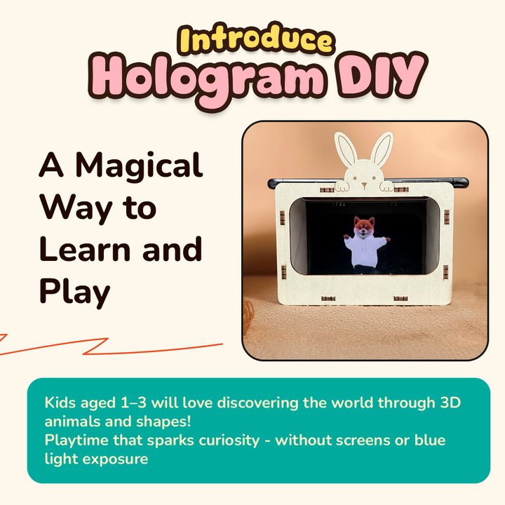 A wooden hologram box with bunny ears displaying a 3D animal image on a learning card. Promotes screen-free discovery for kids aged 1–3 through playful STEM exploration.