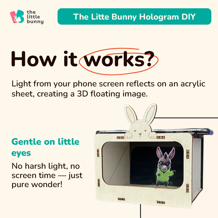 A wooden bunny hologram box reflecting light from a phone screen onto acrylic to form a 3D bunny image. Gentle, safe light ideal for kids’ screen-free STEM play.