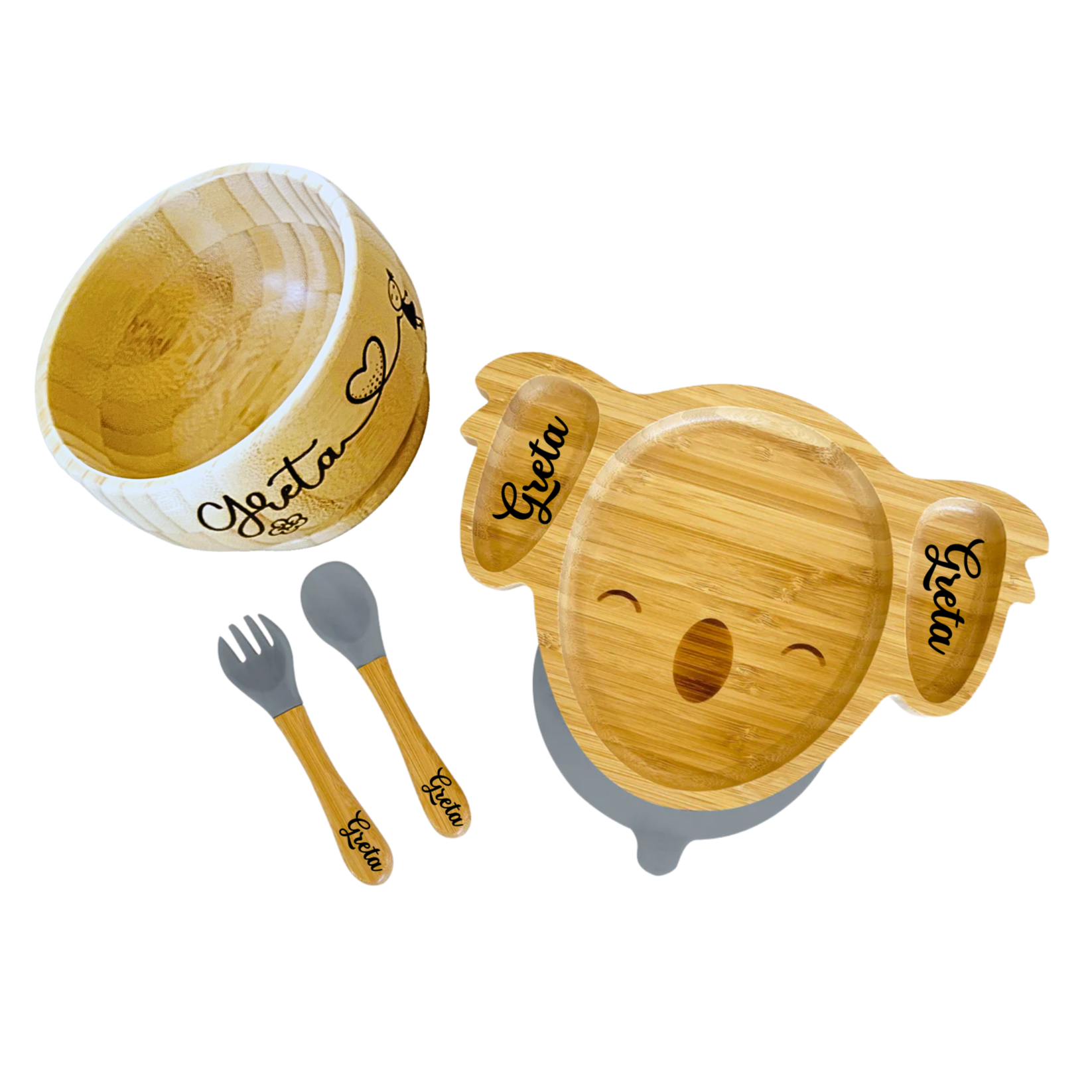 Personalised Bamboo Koala Plate, Bowl and Cutlery Bundle Gift Set - The Little Bunny Australia