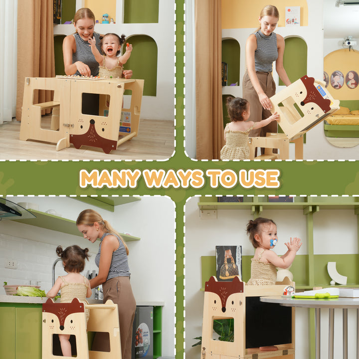 The Little Bunny convertible learning tower shown in 4 uses: activity desk, bookshelf mode, kitchen helper, and art station for toddlers