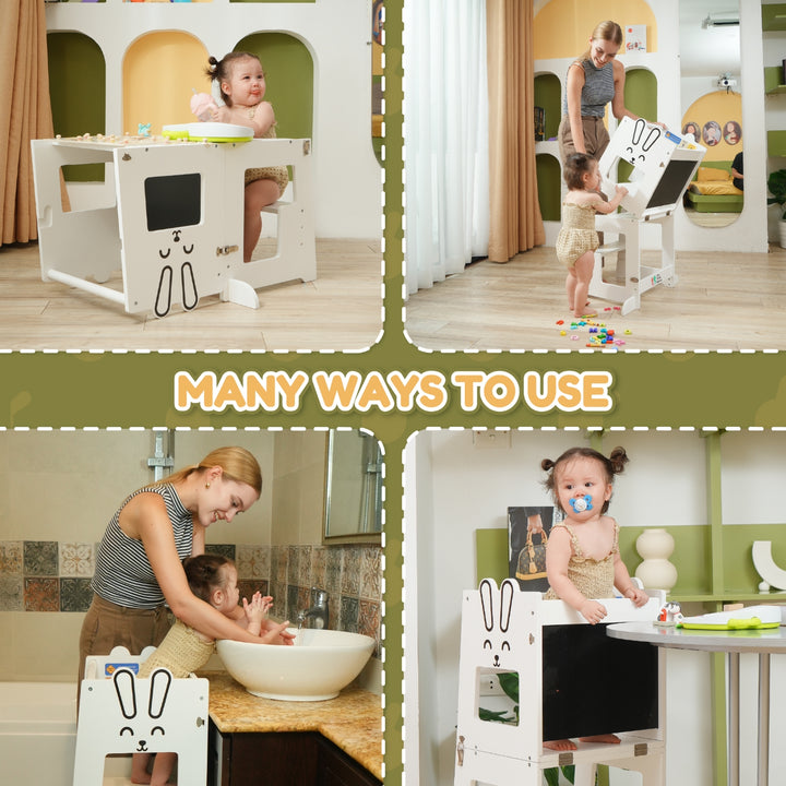 The Little Bunny white bunny-themed learning tower shown in four uses: play table, blackboard station, bathroom sink helper, and toddler counter seat