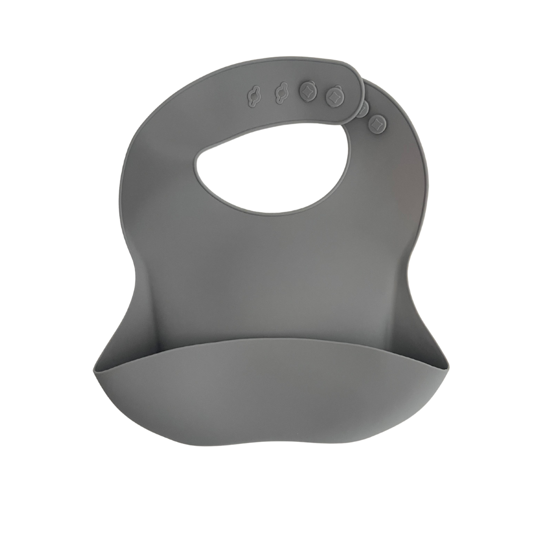 Plain grey silicone baby bib with adjustable neck snaps