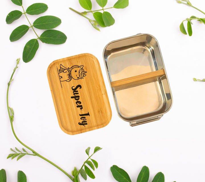Custom engraved bamboo lunchbox with stainless steel interior and divider – perfect eco bento for kids