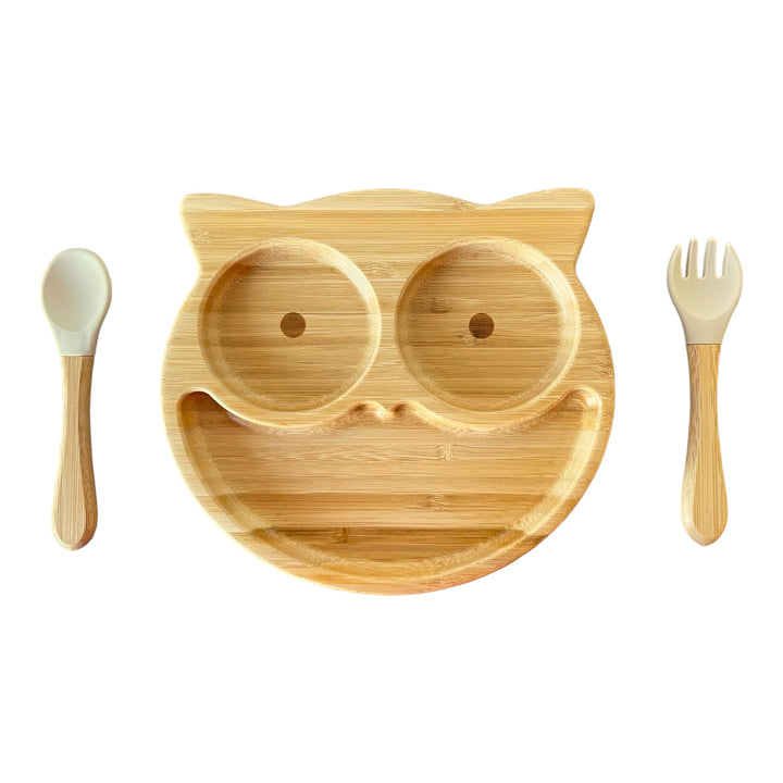 Bamboo Owl Plate and Cutlery Kids Dinner Set - The Little Bunny Australia