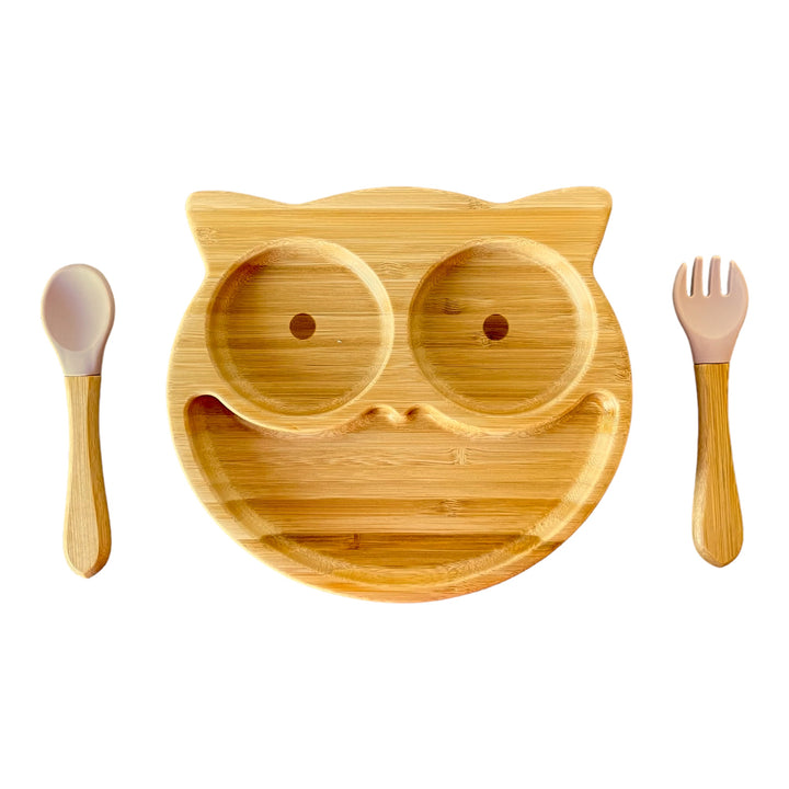 Bamboo Owl Plate and Cutlery Kids Dinner Set - The Little Bunny Australia