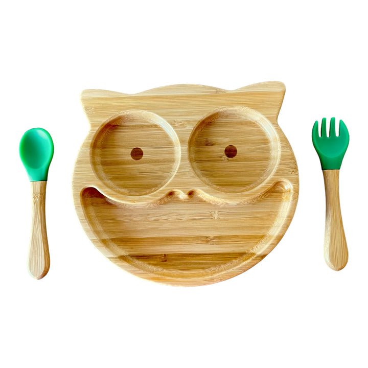 Bamboo Owl Plate and Cutlery Kids Dinner Set - The Little Bunny Australia