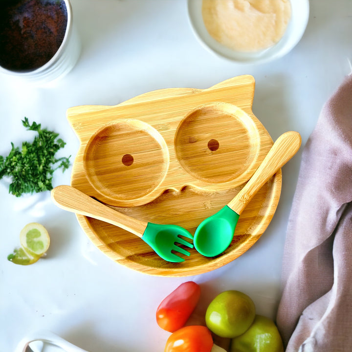 Bamboo Owl Plate and Cutlery Kids Dinner Set - The Little Bunny Australia