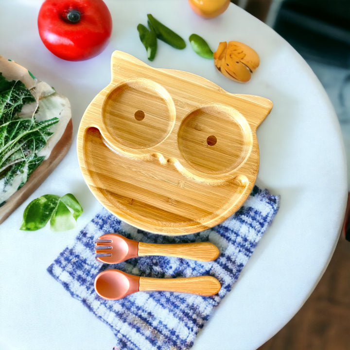 Bamboo Owl Plate and Cutlery Kids Dinner Set - The Little Bunny Australia