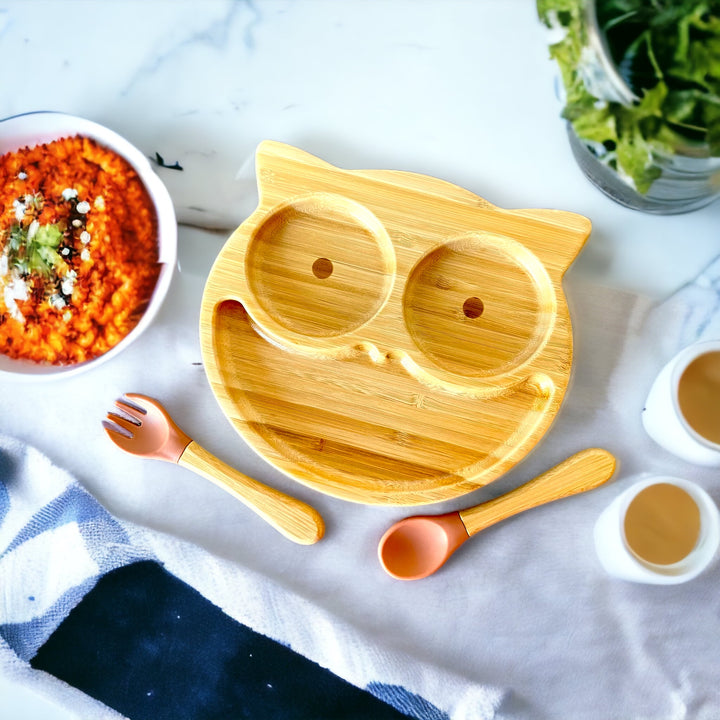 Bamboo Owl Plate and Cutlery Kids Dinner Set - The Little Bunny Australia