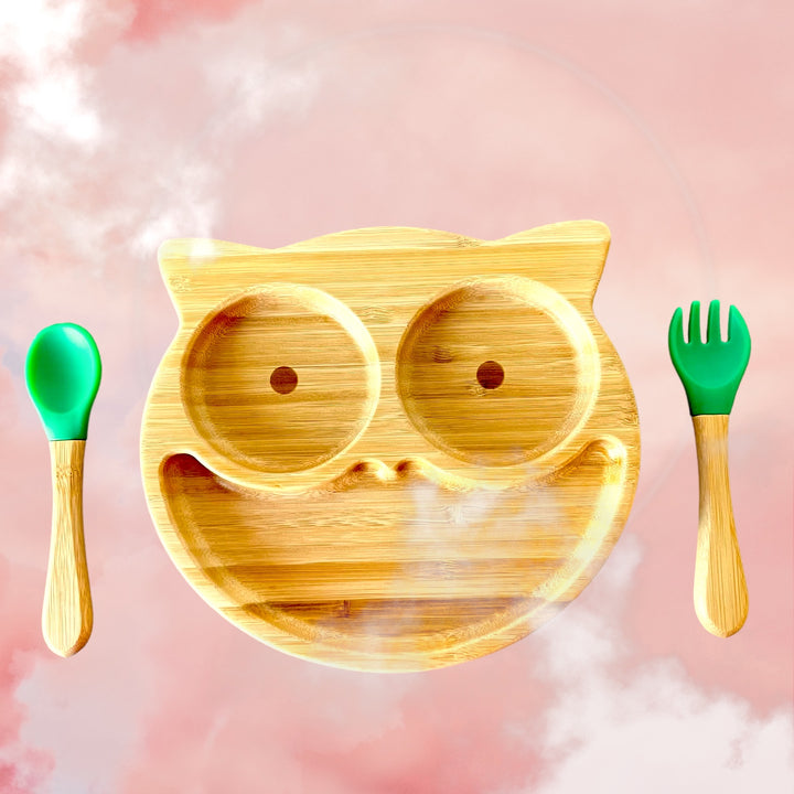 Bamboo Owl Plate and Cutlery Kids Dinner Set - The Little Bunny Australia