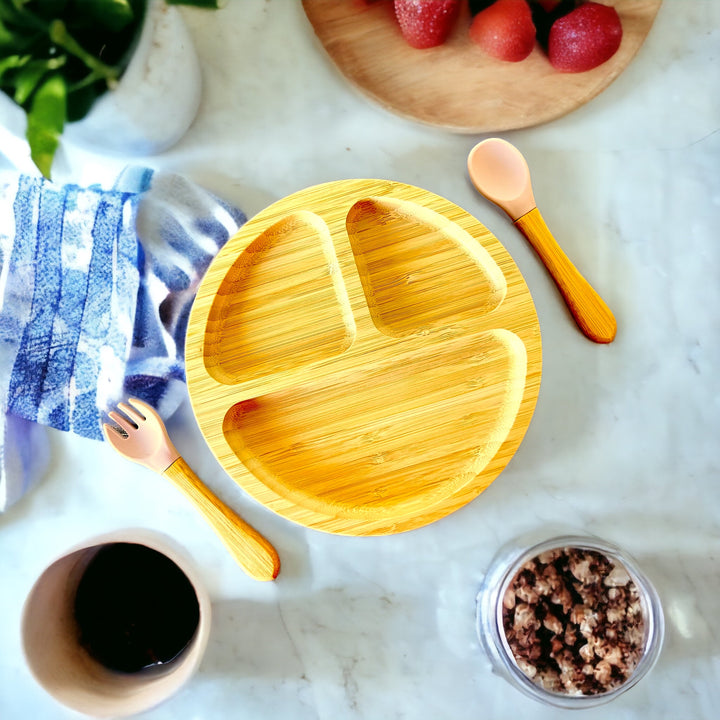 Bamboo Round Plate and Cutlery Kids Dinner Set - The Little Bunny Australia