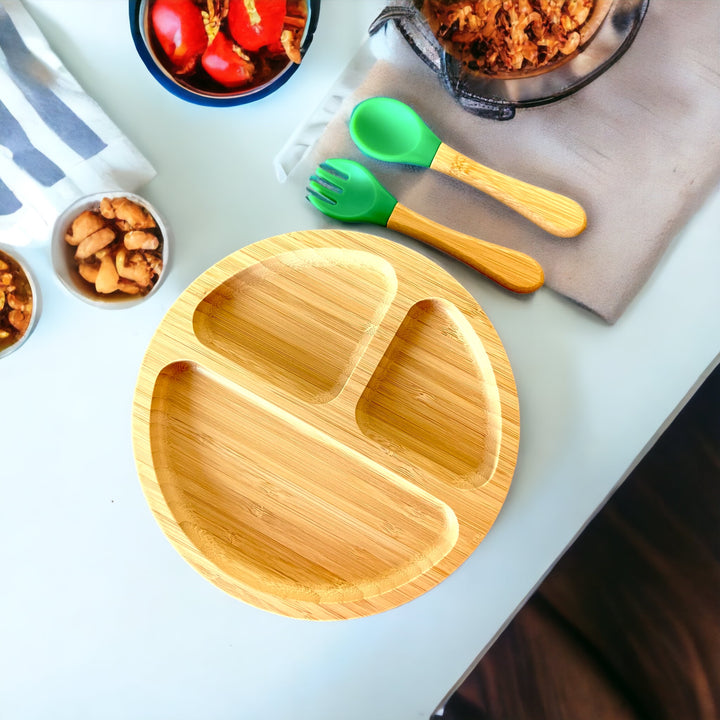 Bamboo Round Plate and Cutlery Kids Dinner Set - The Little Bunny Australia