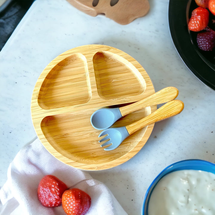 Bamboo Round Plate and Cutlery Kids Dinner Set - The Little Bunny Australia