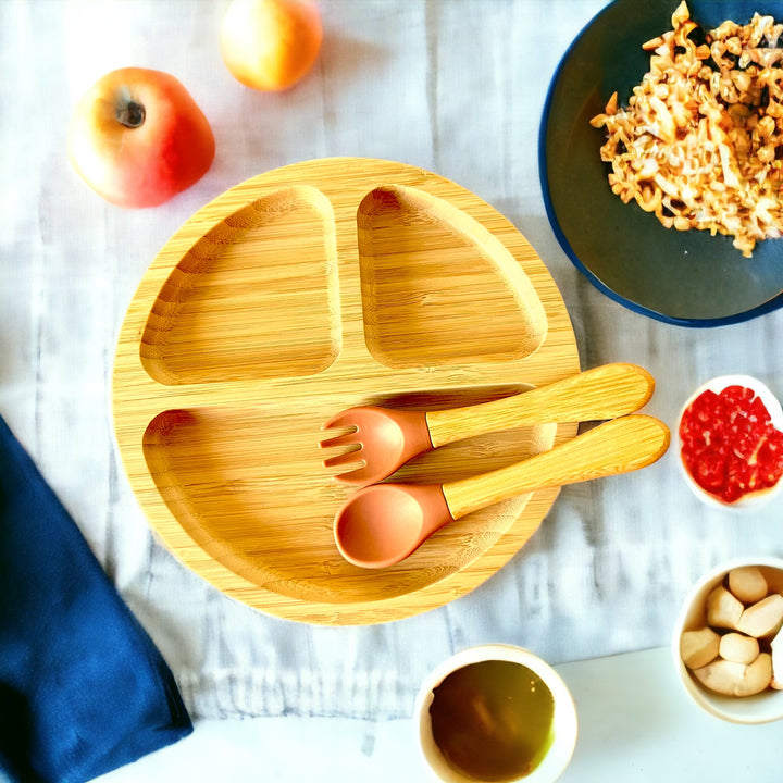 Bamboo Round Plate and Cutlery Kids Dinner Set - The Little Bunny Australia