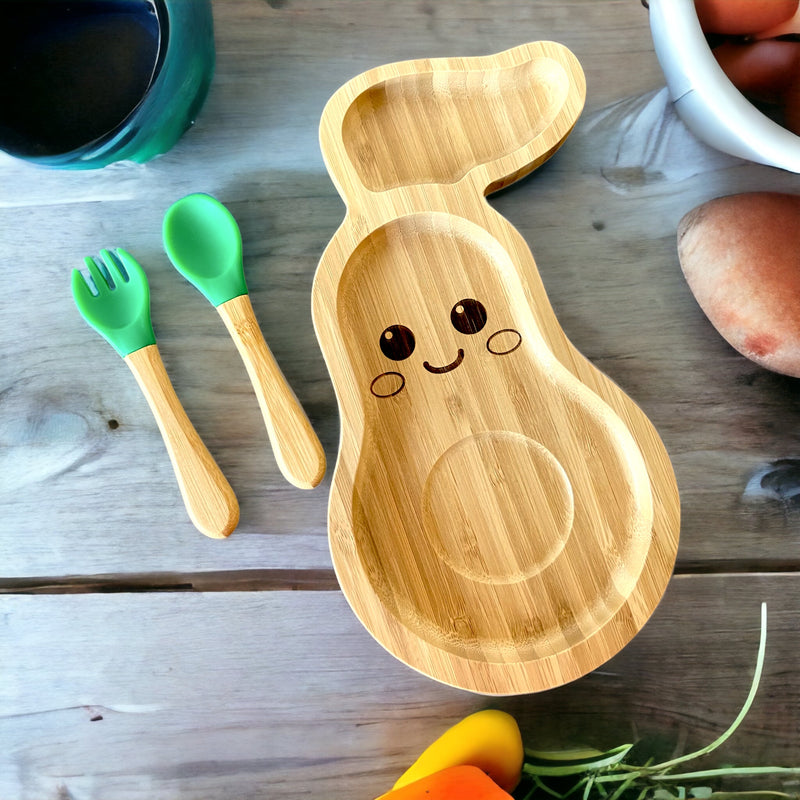 Bamboo Avocado Plate and Cutlery Set For Toddlers Weaning - The Little Bunny Australia