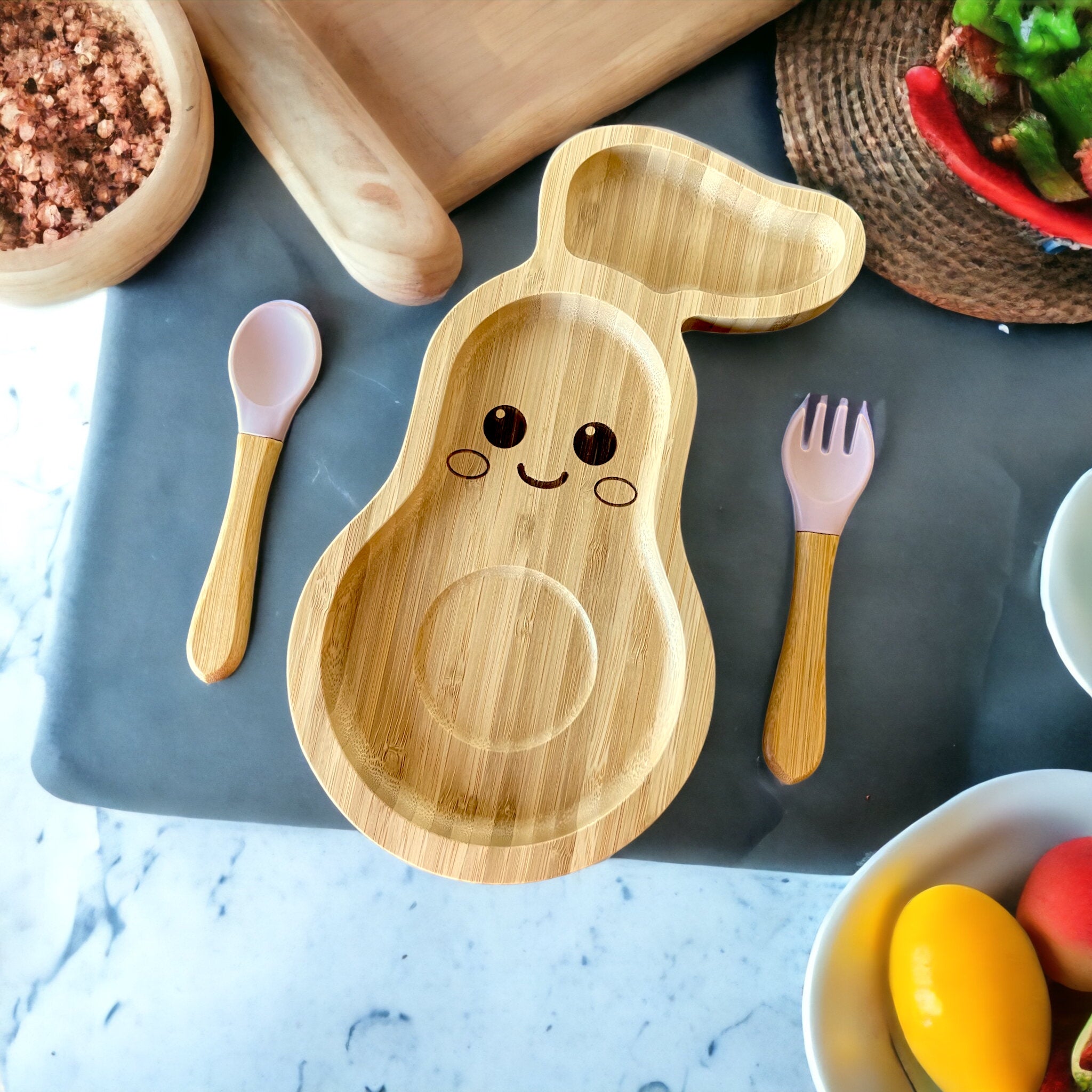 Bamboo Avocado Plate and Cutlery Set For Toddlers Weaning - The Little Bunny Australia