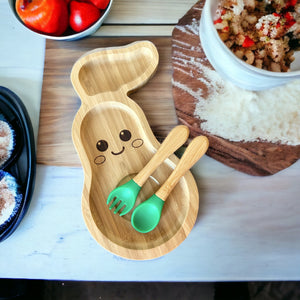 Bamboo Avocado Plate and Cutlery Set For Toddlers Weaning - The Little Bunny Australia