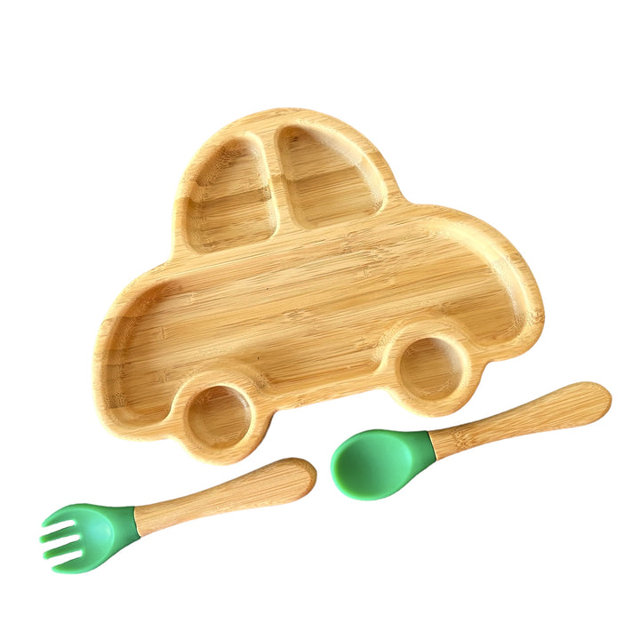 Bamboo Car Plate and Cutlery Toddlers Dinner Set - The Little Bunny Australia