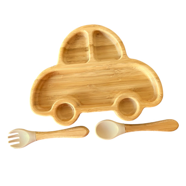 Bamboo Car Plate and Cutlery Toddlers Dinner Set - The Little Bunny Australia