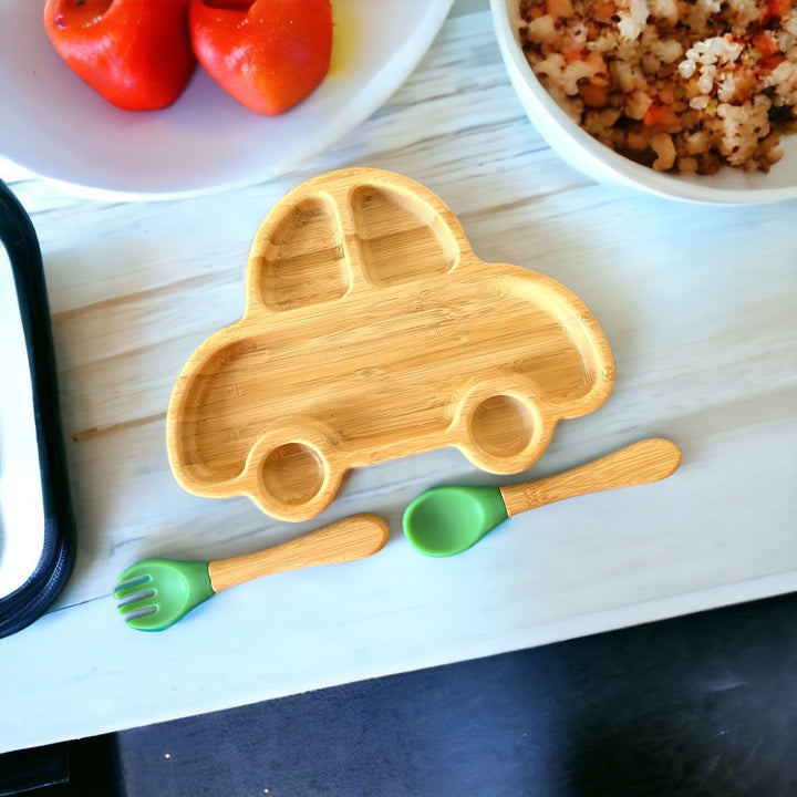 Bamboo Car Plate and Cutlery Toddlers Dinner Set - The Little Bunny Australia