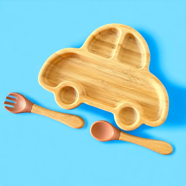 Bamboo Car Plate and Cutlery Toddlers Dinner Set - The Little Bunny Australia